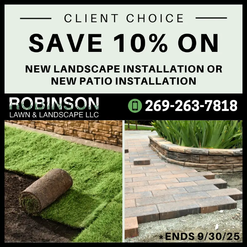Promotional image offering 10% off new landscape and patio installations by Robinson Lawn & Landscape, with contact info and deadline.